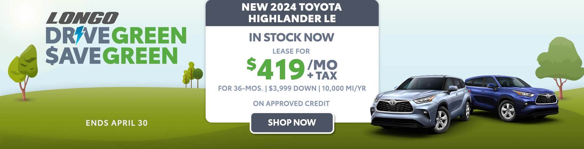 Lease a new 2024 Toyota Highlander LE for $419/mo + tax