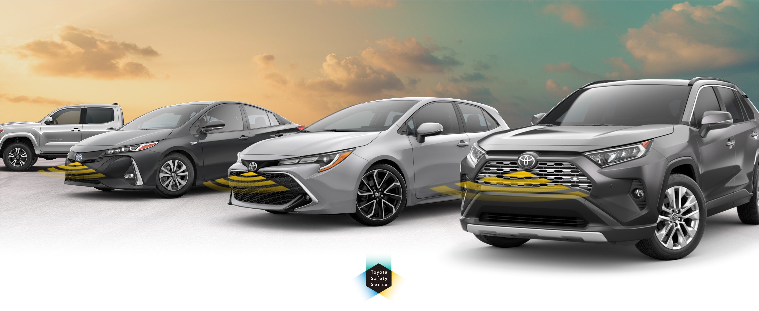 Toyota Safety Sense: Designed for Safety. Options shown on Toyota models including RAV4, Tacoma, and Camry, available now at Longo Toyota of Prosper in Prosper TX.