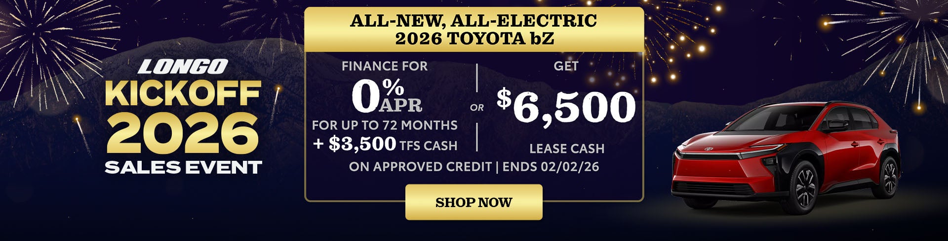 Finance a new 2026 Toyota bZ for 0% APR for 72 mos