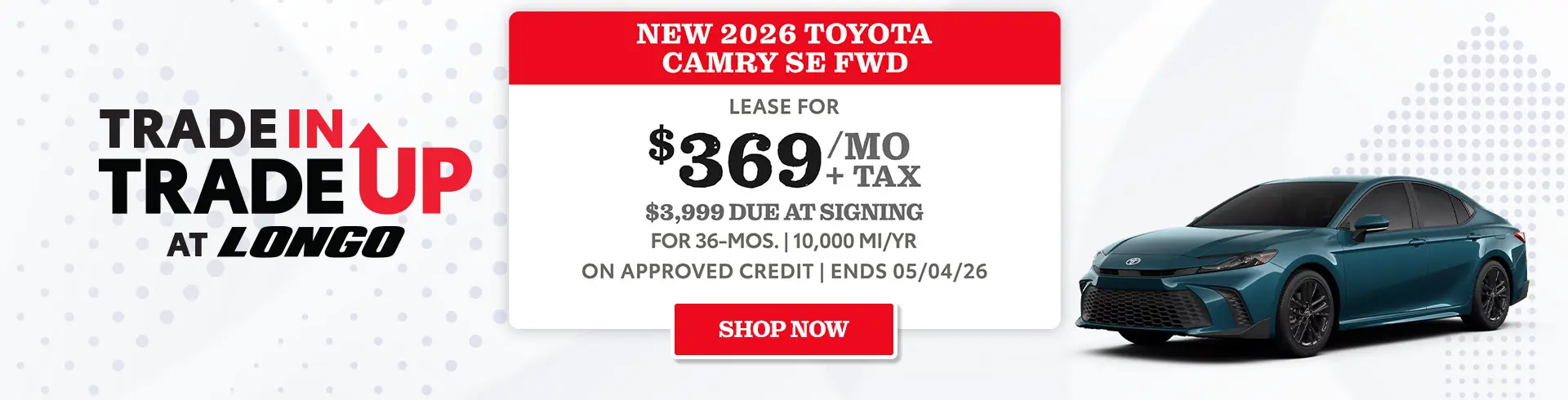 Lease a new 2026 Toyota Camry SE for $369/mo + tax