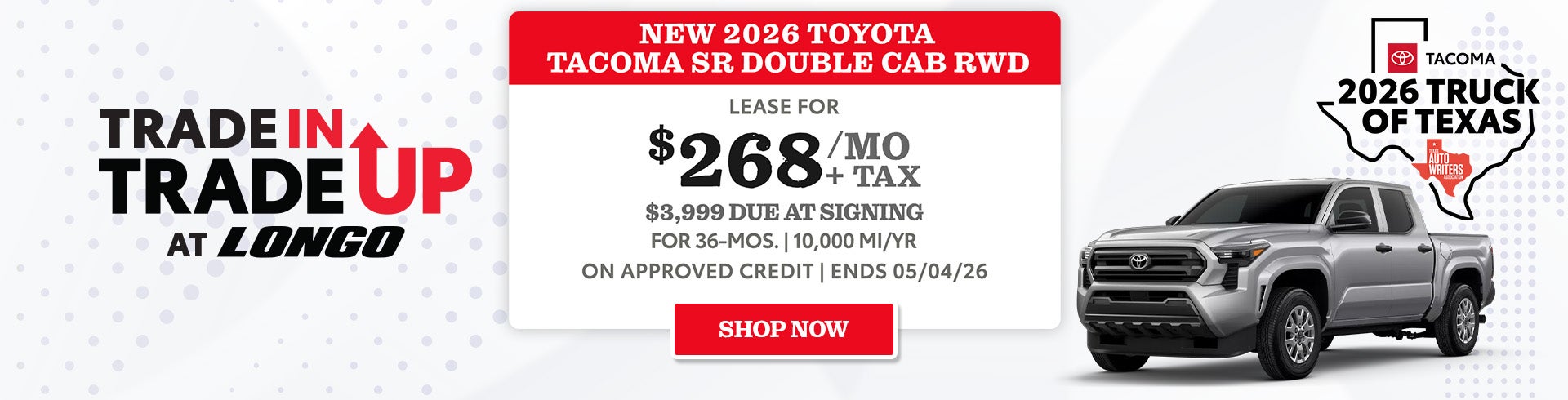 Lease a new 2026 Toyota Tacoma SR for $268/mo + tax