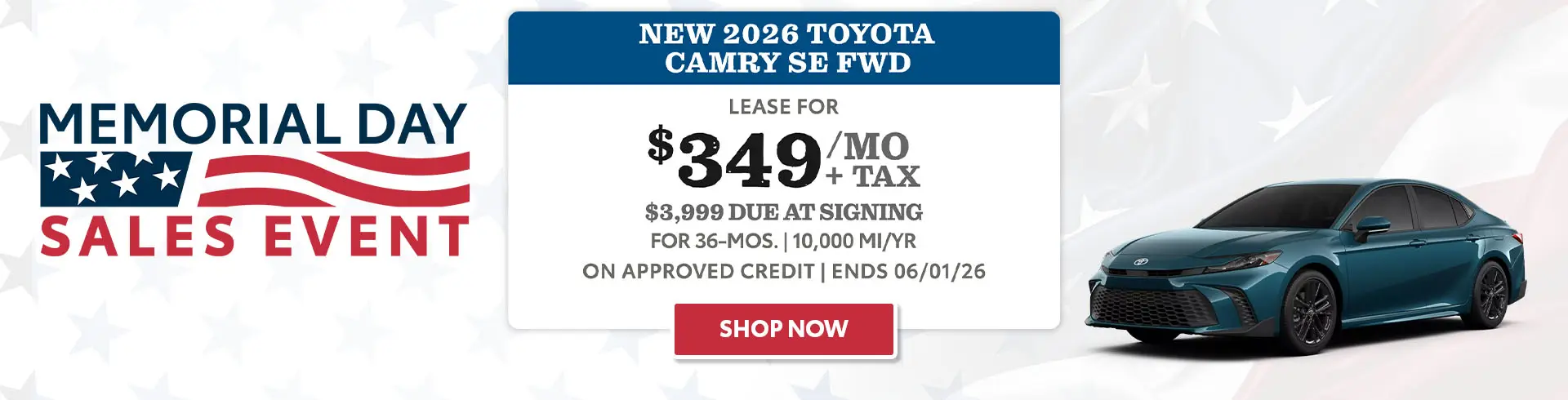 Lease a 2026 Toyota Camry for $349/mo + tax
