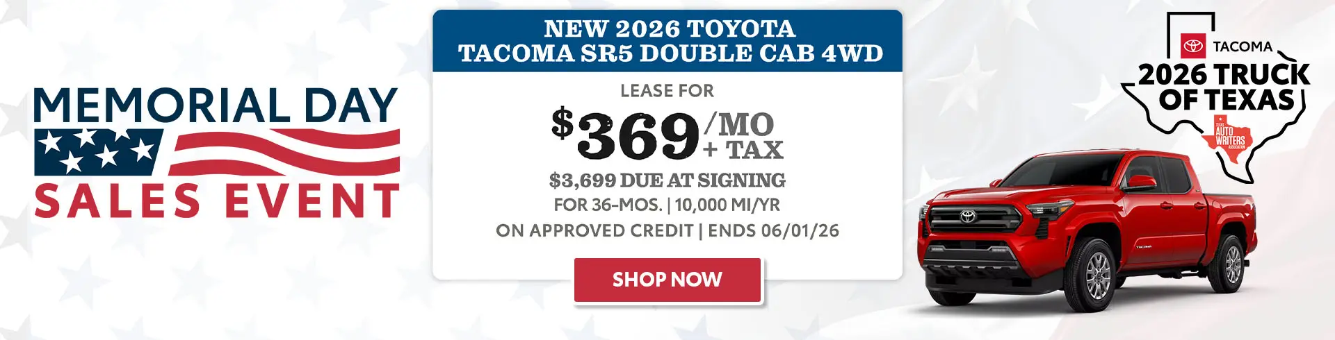 Lease a Toyota Tacoma SR5 for $369/mo + tax