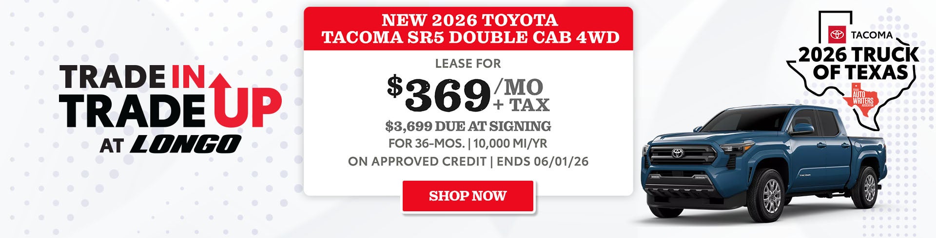 Lease a Toyota Tacoma SR5 for $369/mo + tax