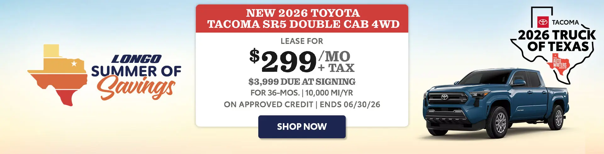 Lease a '26 Tacoma SR5 for $299/mo + tax