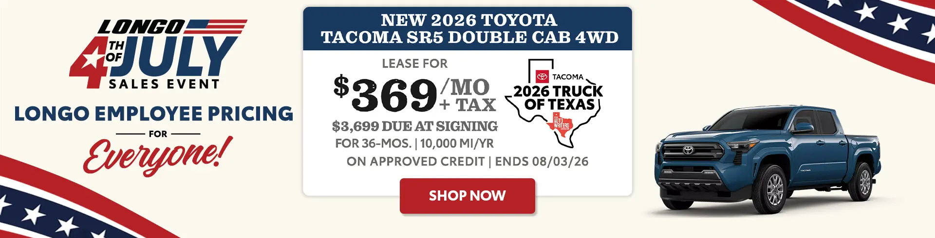 Lease a new 2026 Tacoma SR5 for $369/mo + tax