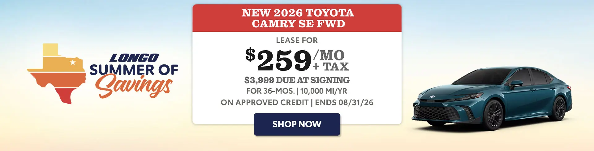 Lease a new 2026 Camry SE for $259/mo + tax