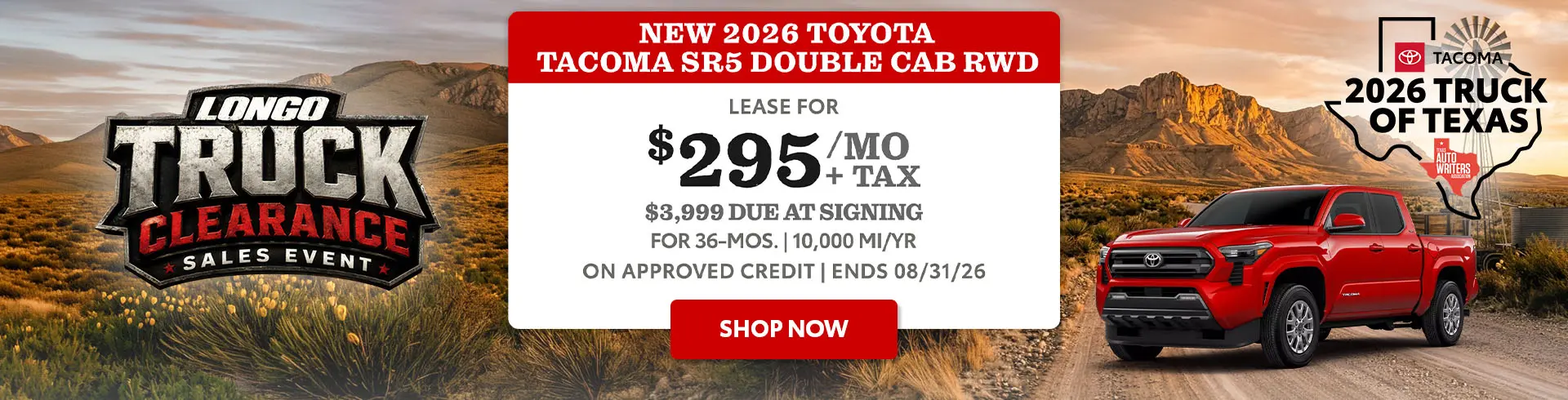 Lease a new 2026 Tacoma SR5 for $295/mo + tax