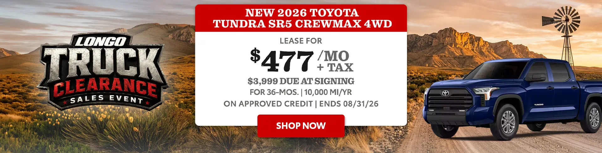 Lease a new 2026 Tundra SR5 for $477/mo + tax