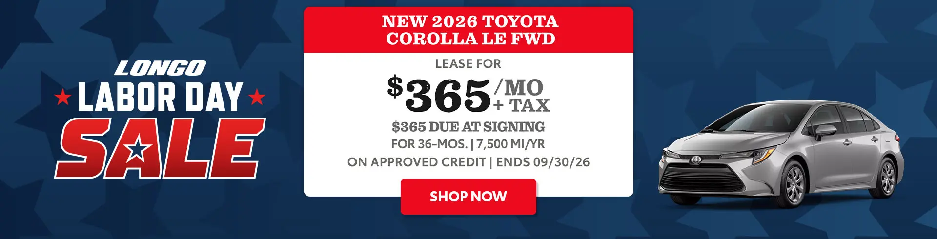 Lease a new Corolla LE for $365/mo + tax